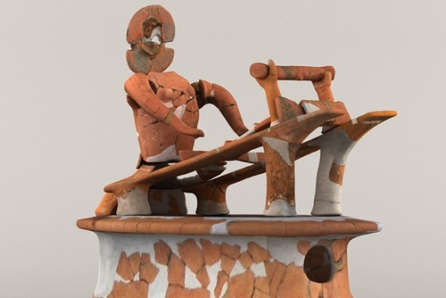 City of Shimotsuke education board A terracotta image of a person weaving silk with a loom. The figurine was found in a sixth-century burial mound in Shimotsuke, 50 miles north of Tokyo.